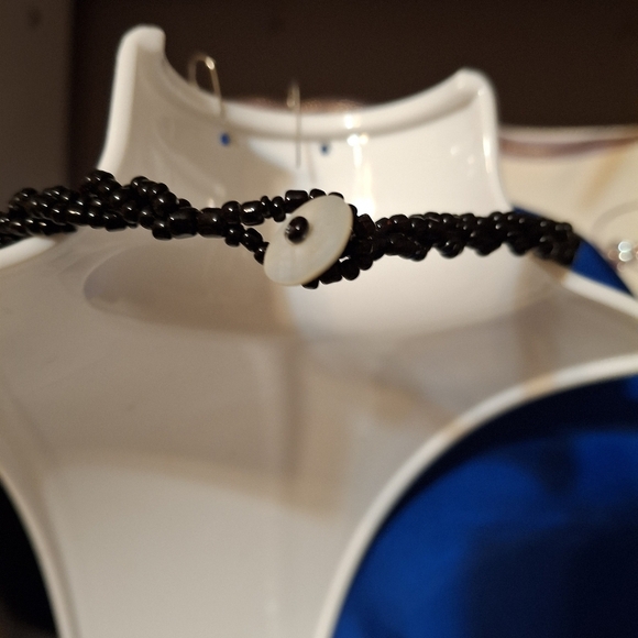 Abalone 2" Necklace Geometric Earrings B/W Round beaded Artisan Design - Picture 8 of 16